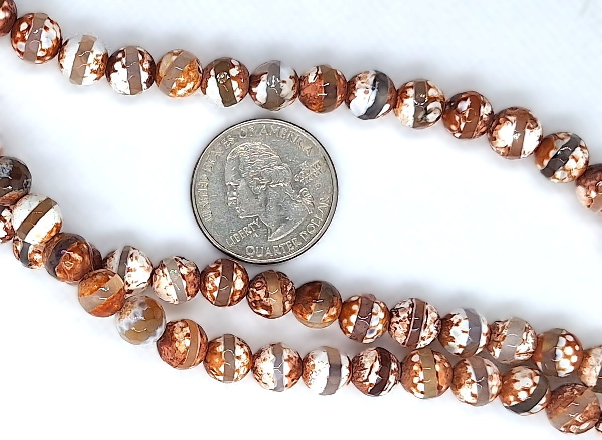 8mm Grey Line Brown White Tibetan DZI Agate Faceted Round Gemstone Beads 8-Inch Strand