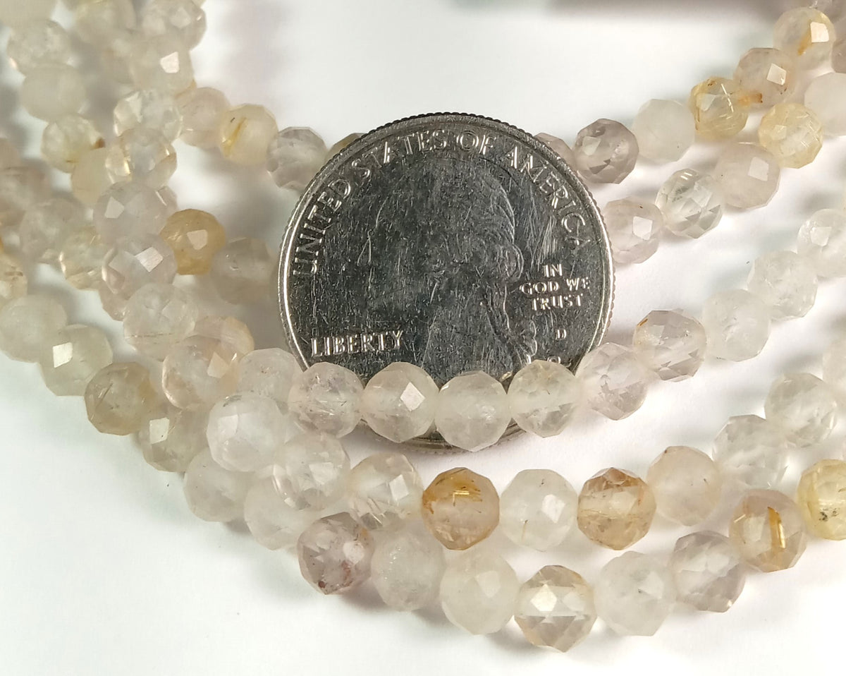 5mm Gold Rutilated Quartz Faceted Round Gemstone Beads 8-Inch Strand