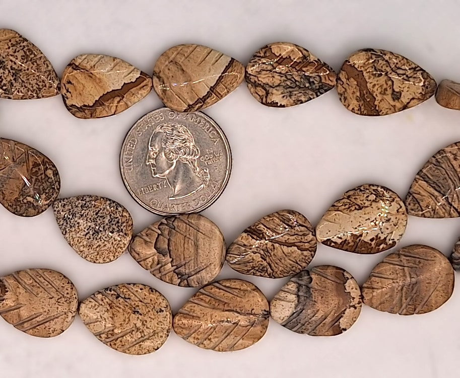 20x15mm Picture Jasper Carved Leaf Gemstone Beads 8-Inch Strand