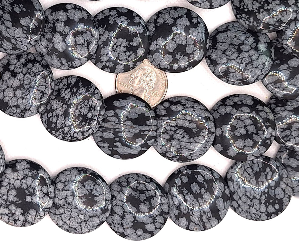 30mm Snowflake Obsidian Button Lentil Gemstone Beads 8-inch Strand