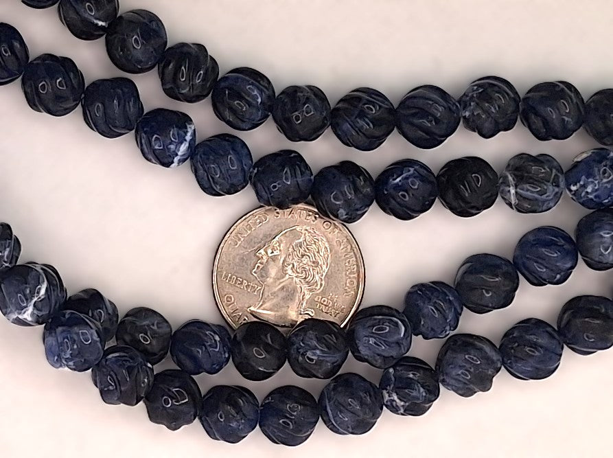 10mm Sodalite Carved Twisted Melon Gemstone Beads 8-inch Strand