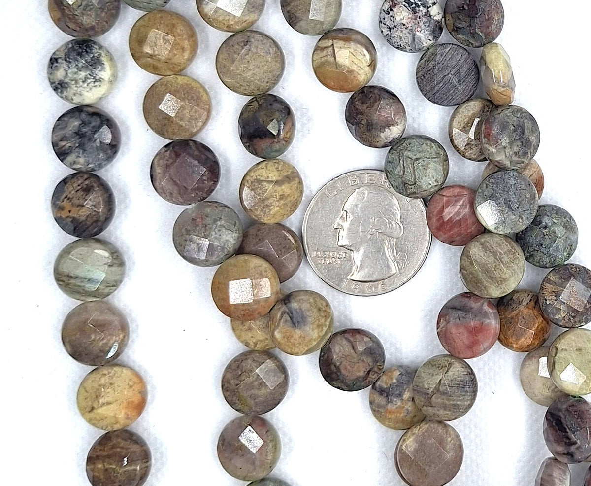 12mm Picasso Jasper Faceted Coin Gemstone Beads 16-Inch Strand