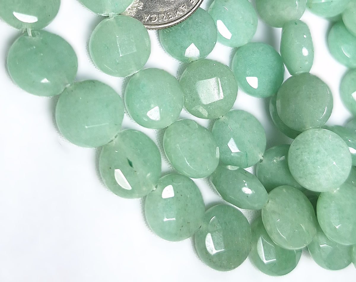 12mm Green Aventurine Faceted Puff Coin Gemstone Beads 16-Inch Strand