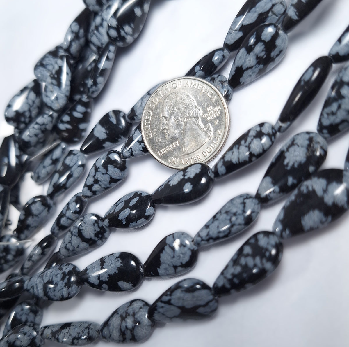 18x10 Snowflake Obsidian Puff Teardrop Gemstone Beads 16-Inch Strand