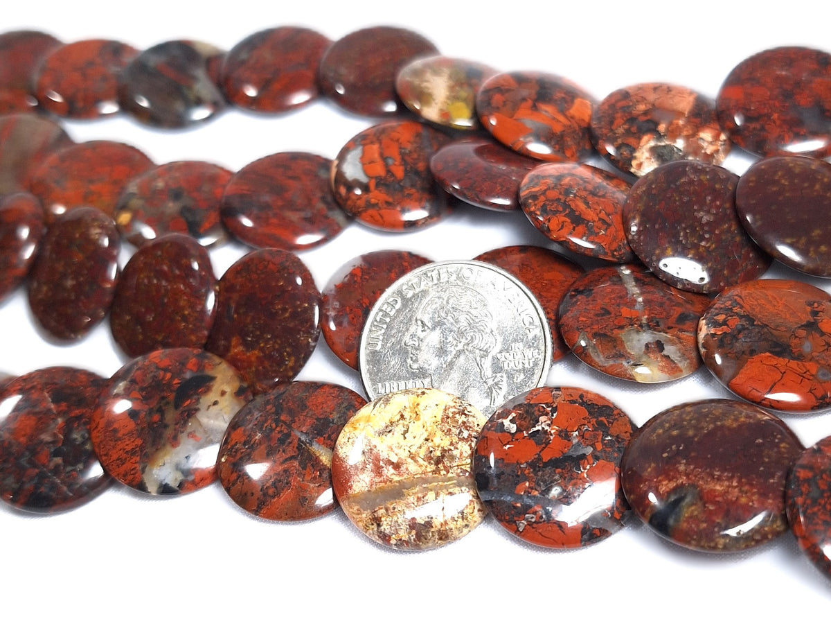 20mm Brecciated Jasper Tiled Lentil Coin Gemstone Beads 16-Inch Strand