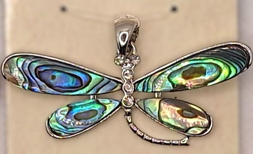 55x23mm Dragonfly Rhinestone Abalone Paua Shell Silver-Plated Brass Pendant