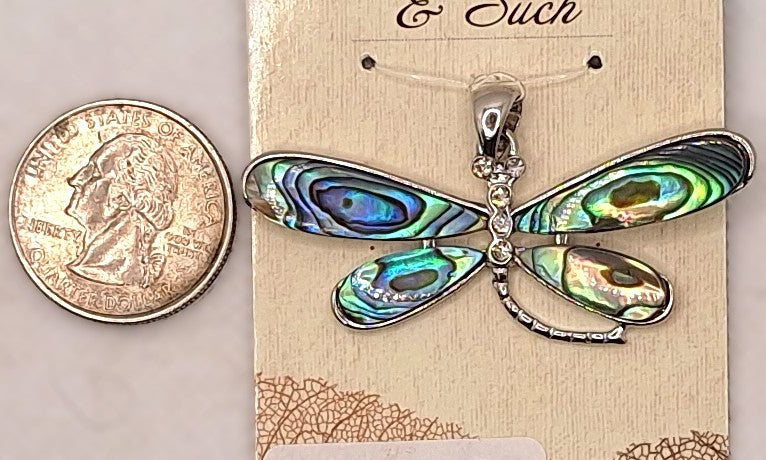 55x23mm Dragonfly Rhinestone Abalone Paua Shell Silver-Plated Brass Pendant