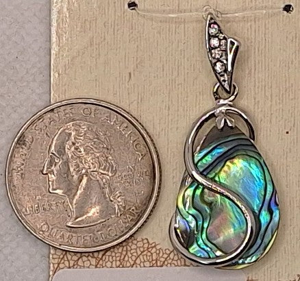 29x18mm Teardrop Rhinestone Bail Abalone Paua Shell Silver-Plated Brass Pendant