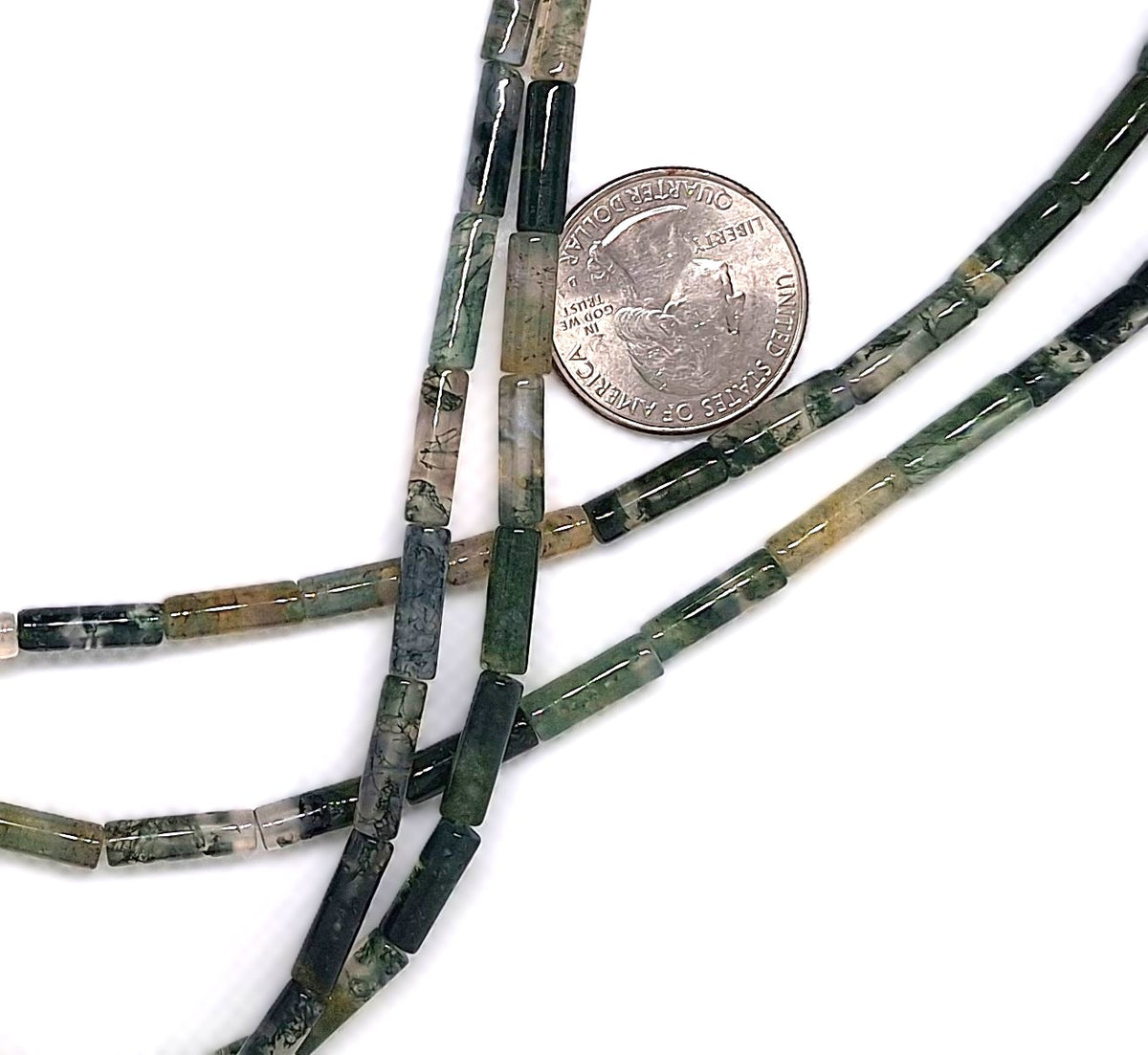 13x4mm Moss Agate Round Cylinder Gemstone Beads 16-inch Strand