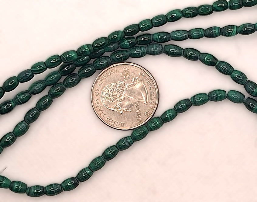 6x4mm Malachite Rice Gemstone Beads 8-inch Strand