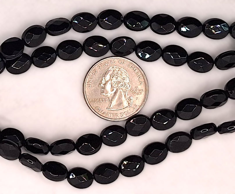 10x8mm Black Onyx Faceted Puff Oval Gemstone Beads 8-Inch Strand