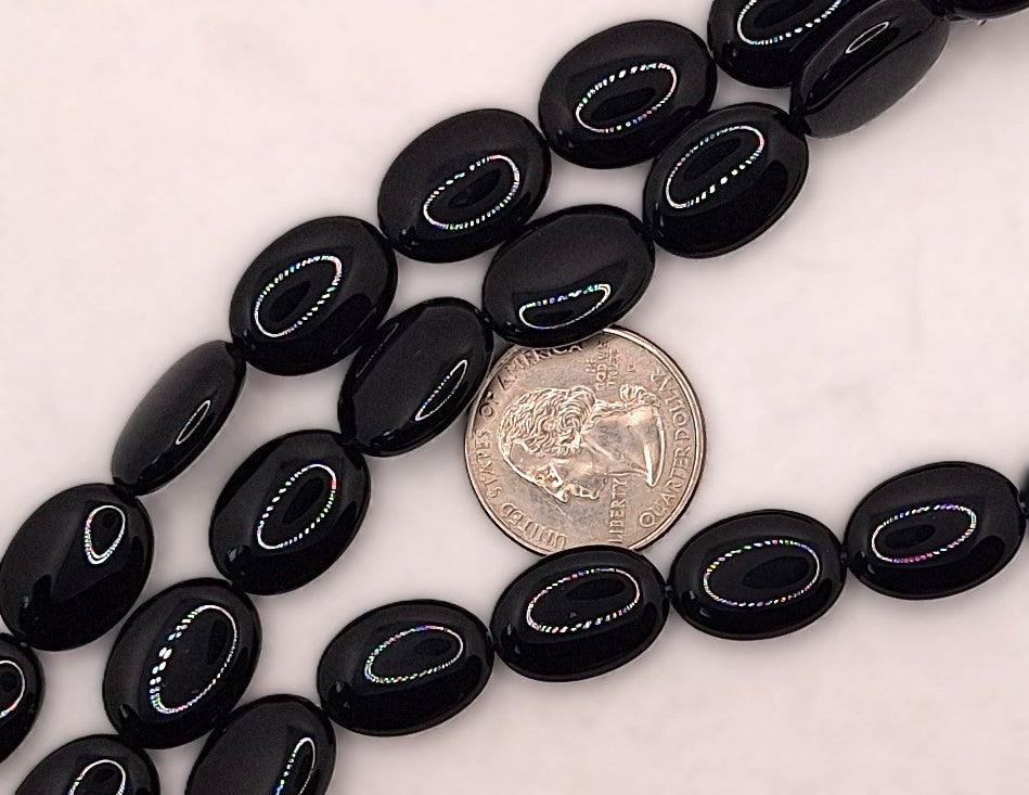 18x13mm Black Onyx Puff Oval Gemstone Beads 8-Inch Strand