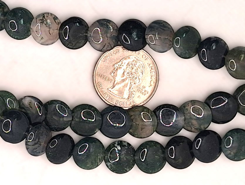 12mm Moss Agate Lentil Gemstone Beads 8-Inch Strand