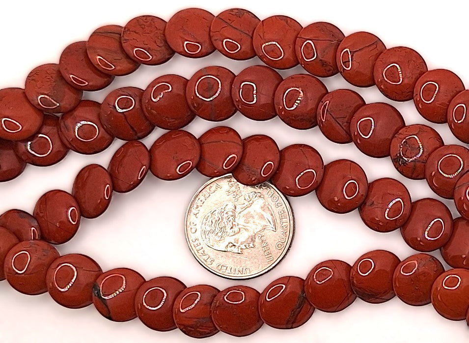 12mm Red Jasper Lentil Gemstone Beads 8-Inch Strand