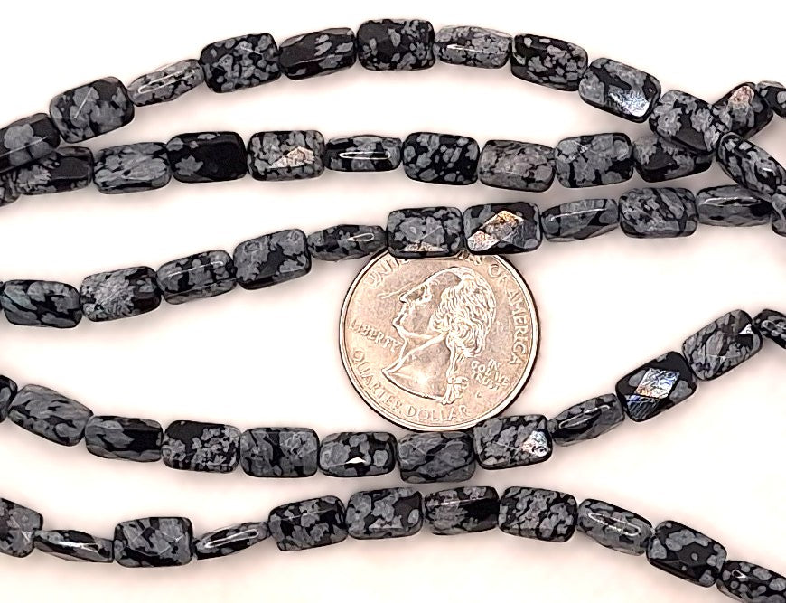 10x6mm Snowflake Obsidian Faceted Rectangle Gemstone Beads 8-Inch Strand