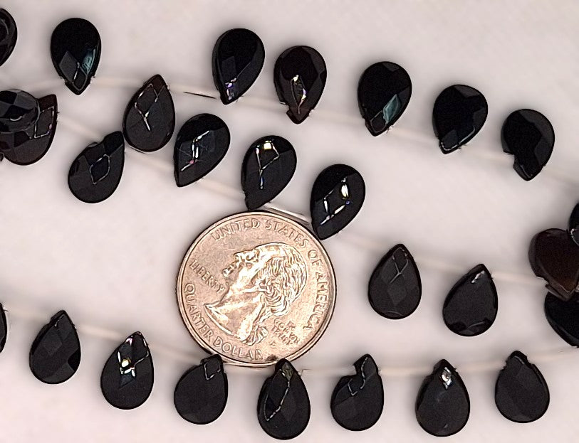 12x8mm Black Onyx Flat Faceted Briolette Teardrop Gemstone Beads 8-inch Strand