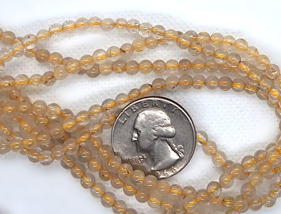 4mm Gold Rutilated Quartz Round Gemstone Beads 16-Inch Strand