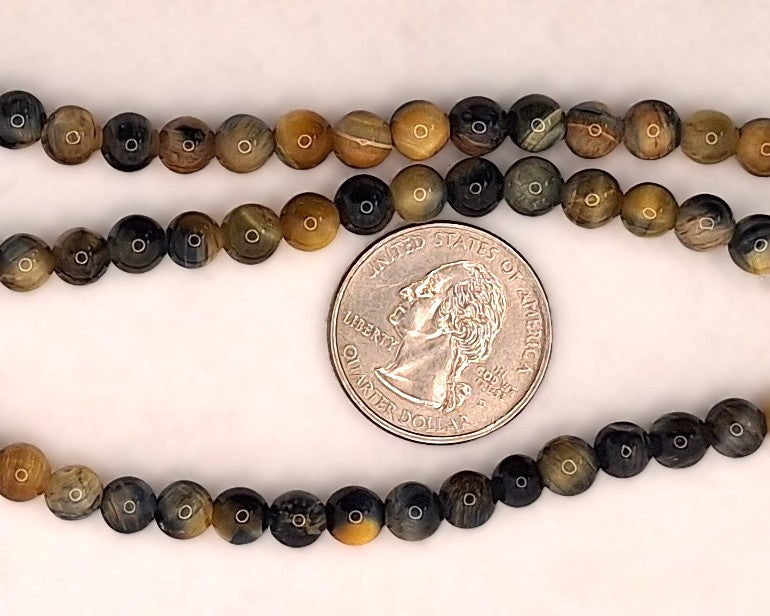 6mm Tiger's Eye Dyed Blue Gold Round Gemstone Beads 8-Inch Strand