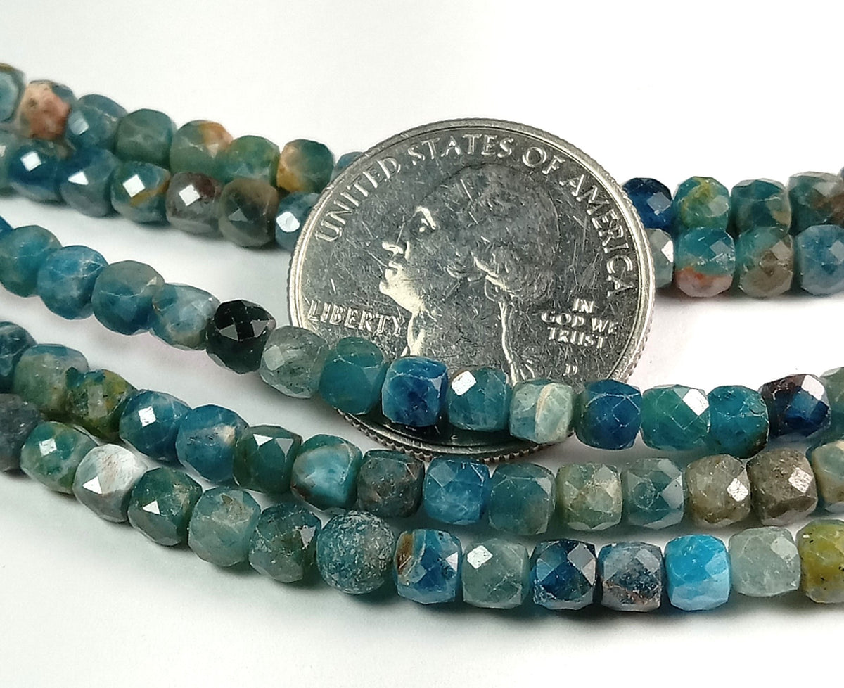 4mm Blue Apatite Faceted Cube Gemstone Beads 8-Inch Strand