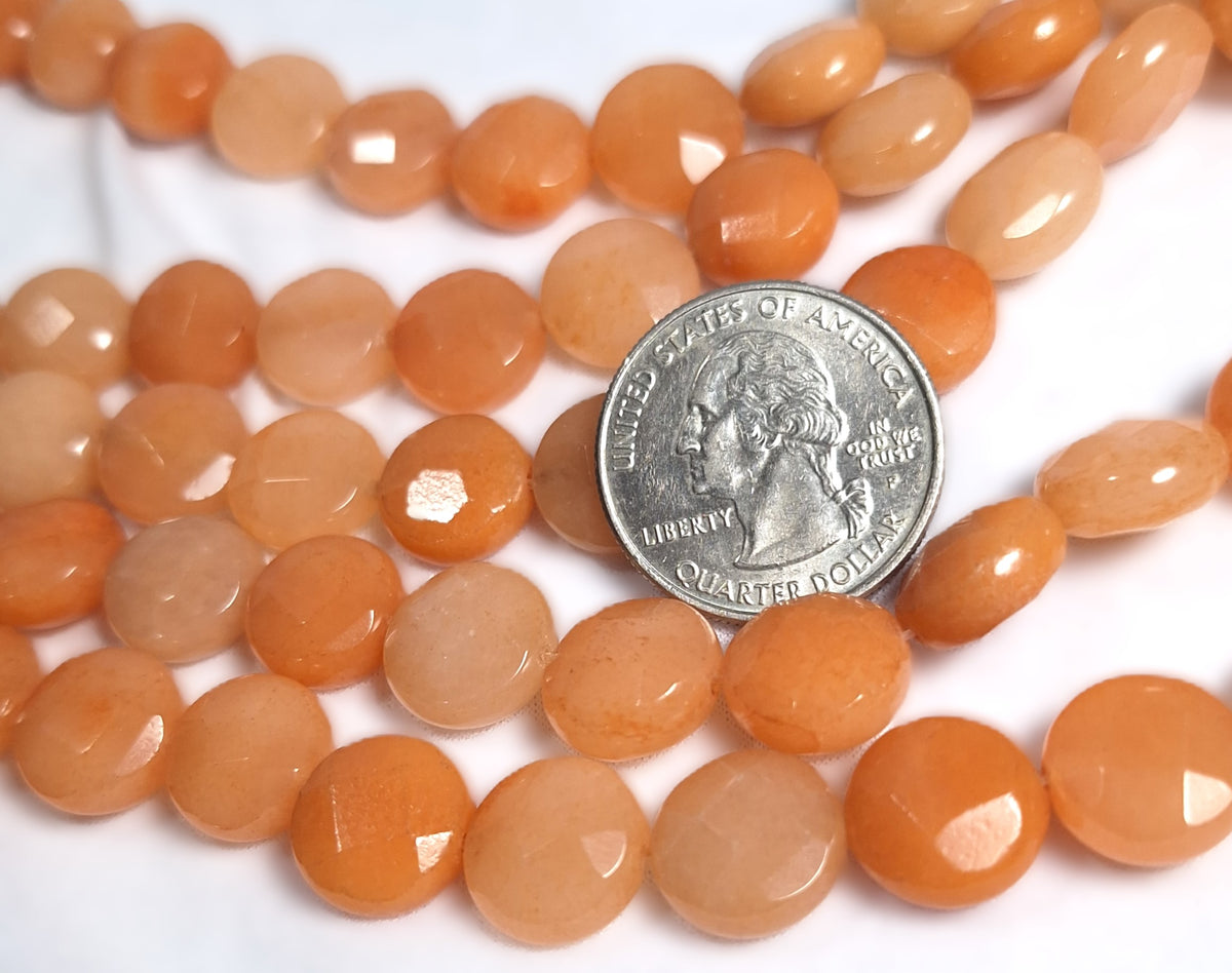 12mm Peach Red Aventurine Faceted Coin Gemstone Beads 16-Inch Strand