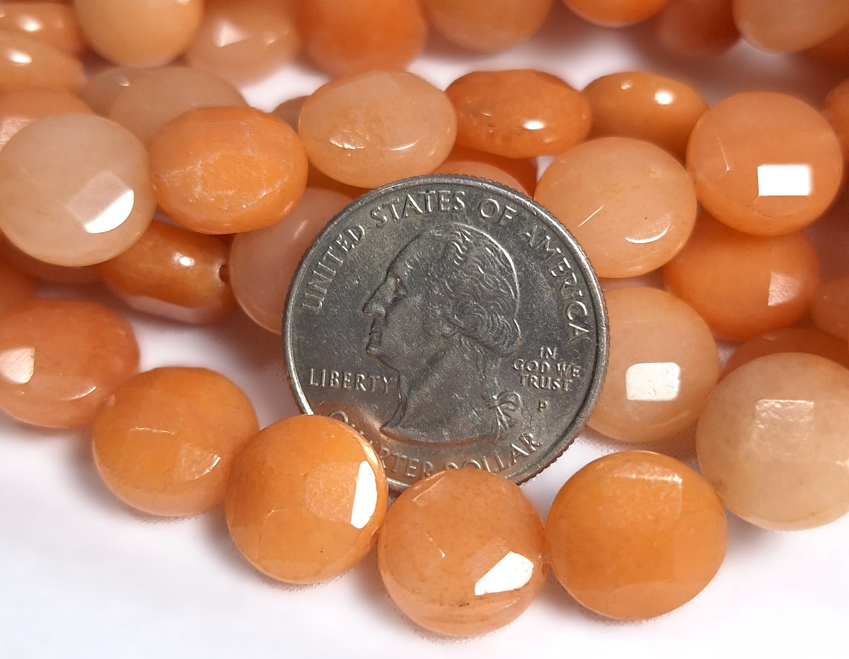 12mm Peach Red Aventurine Faceted Coin Gemstone Beads 16-Inch Strand