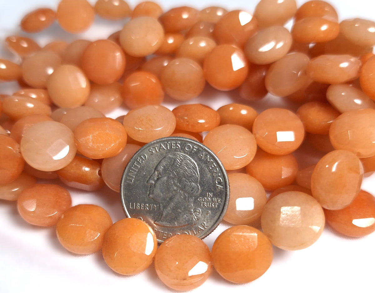 12mm Peach Red Aventurine Faceted Coin Gemstone Beads 16-Inch Strand
