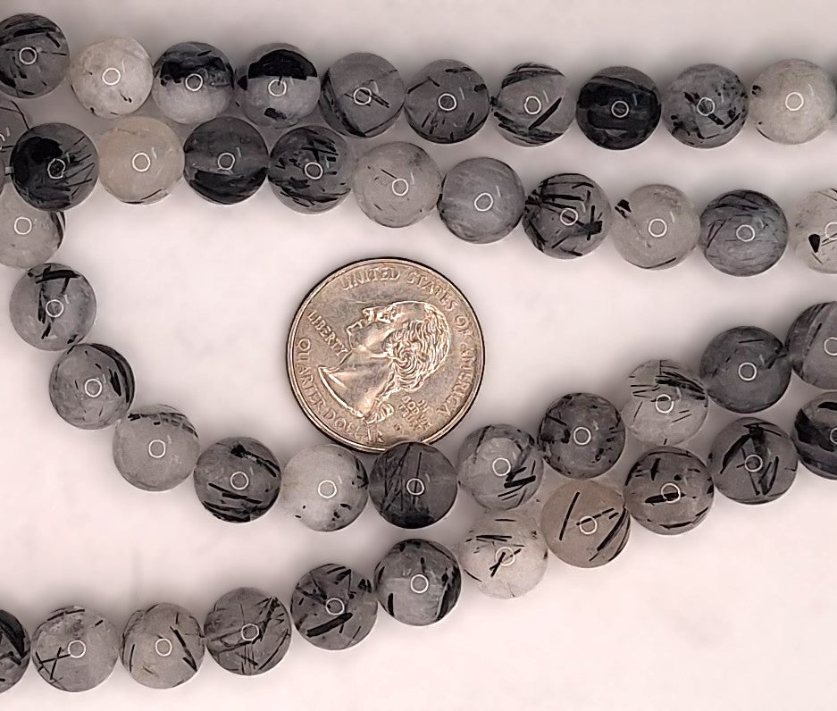 10mm Tourmalinated Quartz Round Gemstone Beads 8-inch Strand