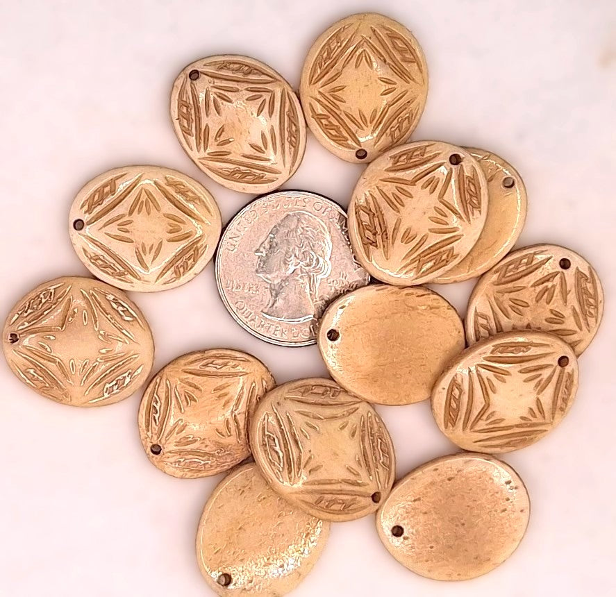 Antiqued 1-inch Hand-Carved Oval Bone Pendants 2ct
