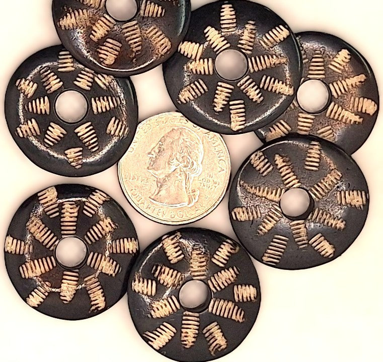 Black and Ivory 1-inch Carved Bone Donut Beads 2ct