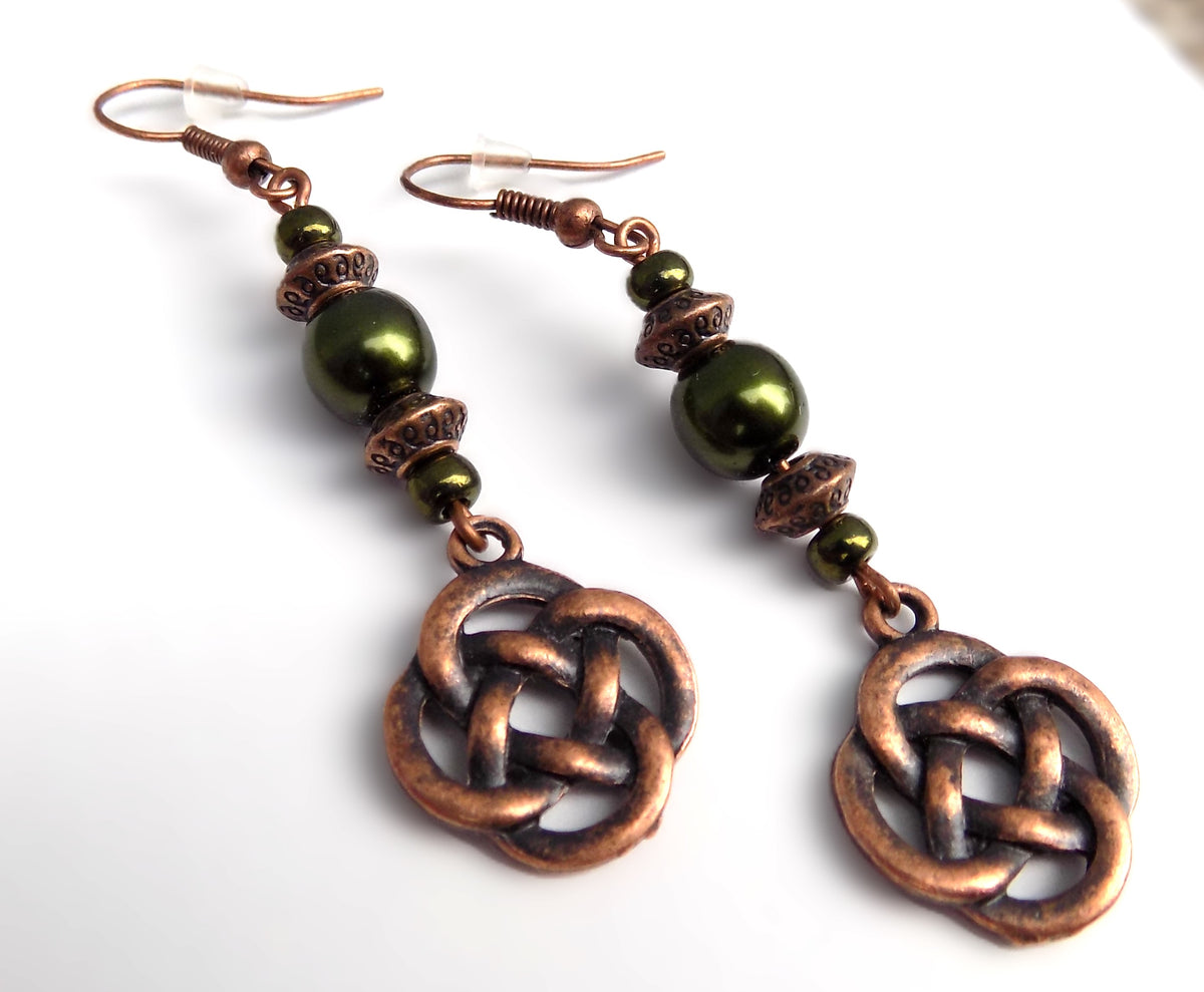 Beaded Celtic Knot Forest Green and Copper Handcrafted Dangle Earrings