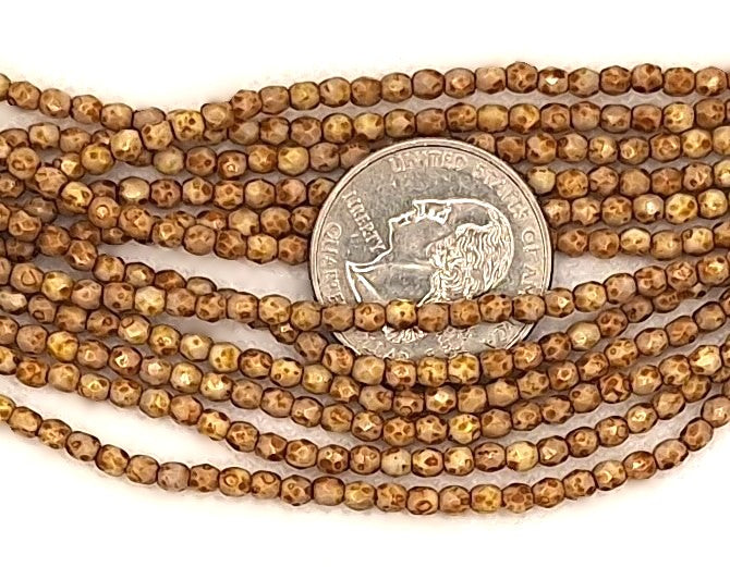 3mm Butter Pecan Travertine Faceted Fire-Polished Round Beads 50ct