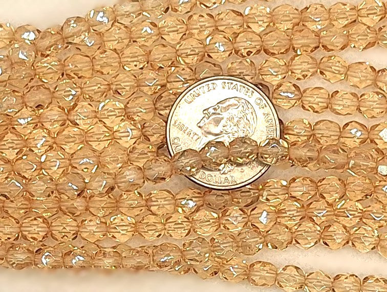 6mm Champagne Transparent Faceted Fire-Polished Round Beads 25ct