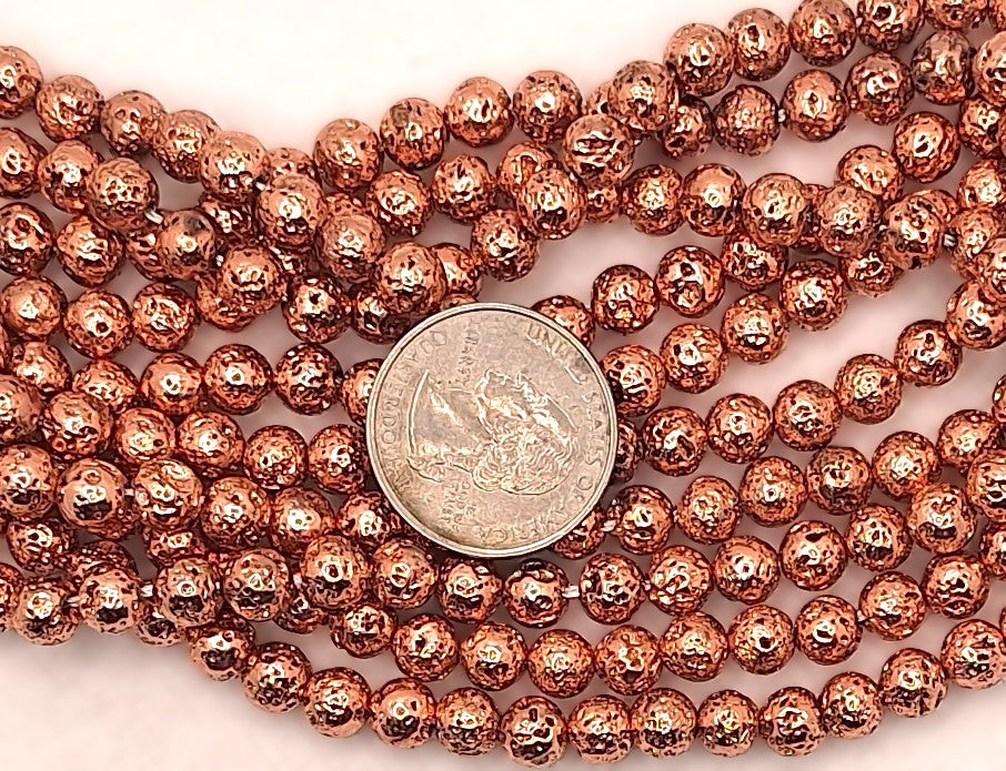 6mm Rose Gold Plated Lava Rock Round Gemstone Beads 16-inch Strand