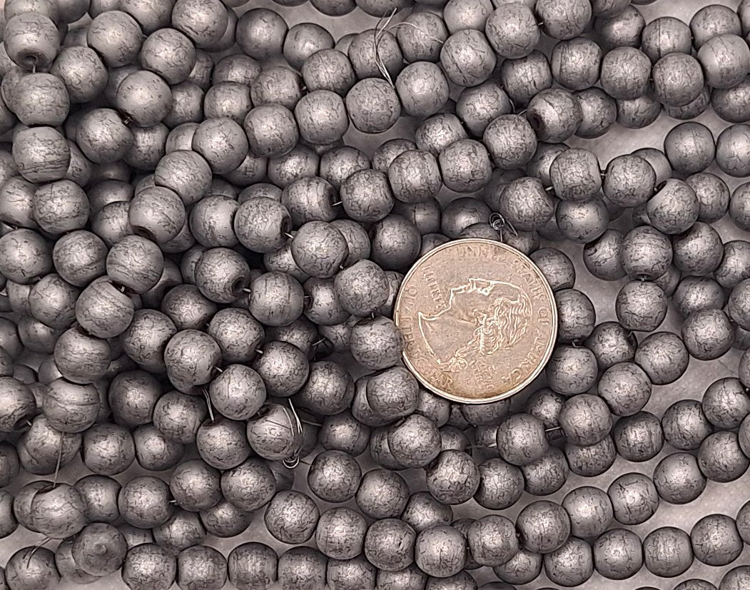 8mm Distressed Platinum Matte Plated Synthetic Hematite Round Beads 16-inch Strand