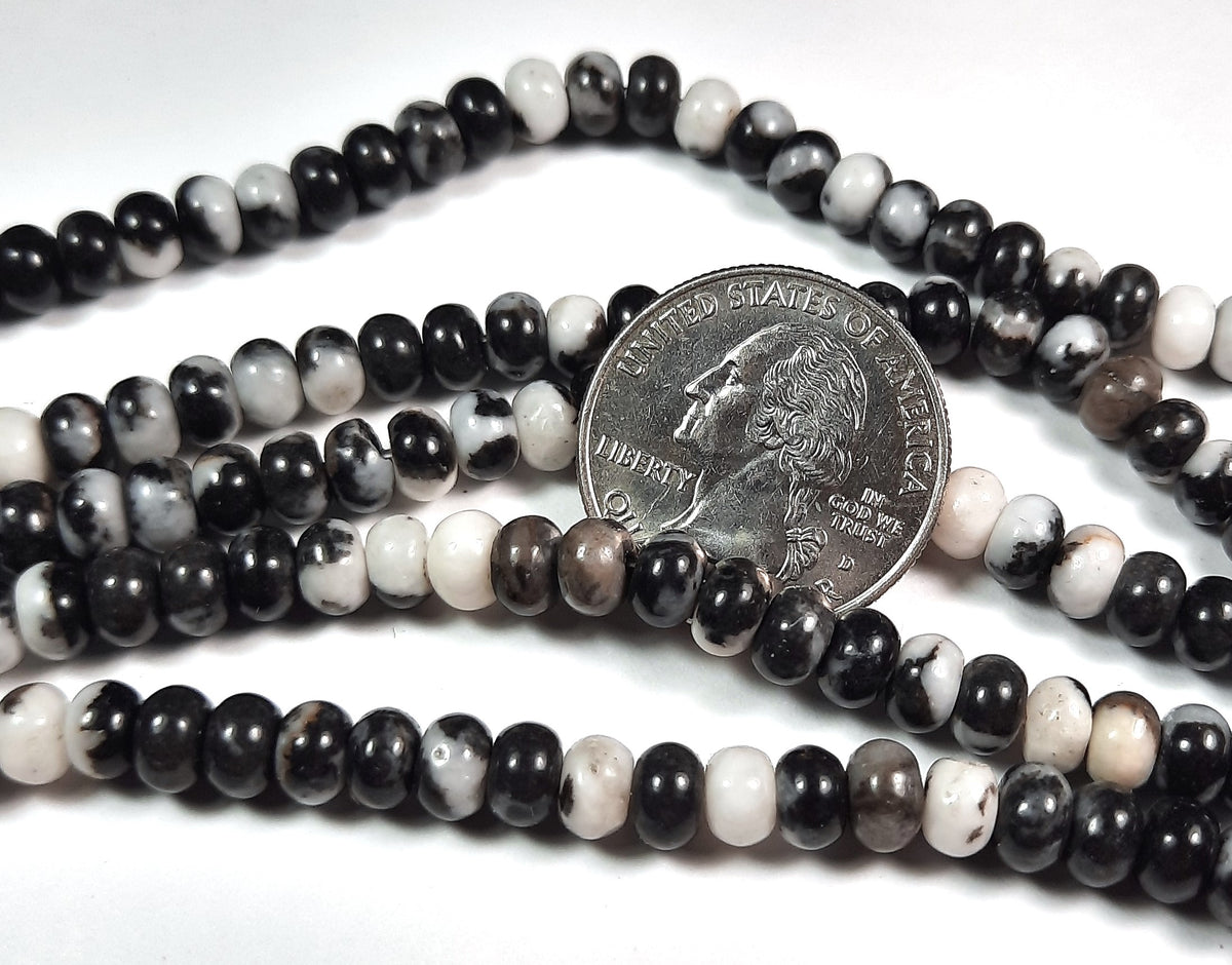 6x4mm Black Zebra Jasper Smooth Rondelle Gemstone Beads 8-Inch Strand