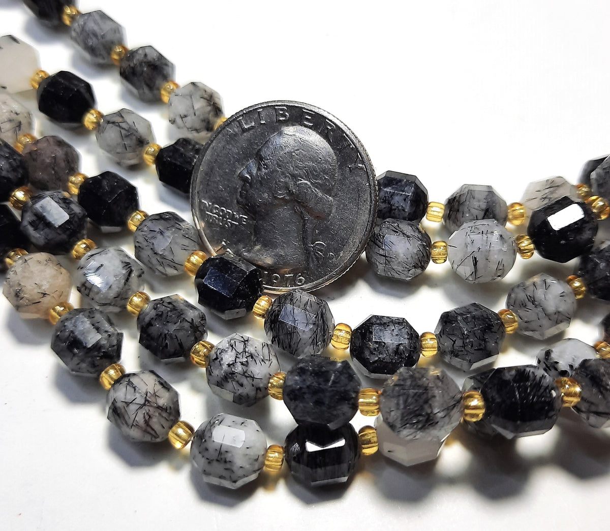 8mm Black Tourmalinated Quartz Faceted Lantern Gemstone Beads 8-Inch Strand