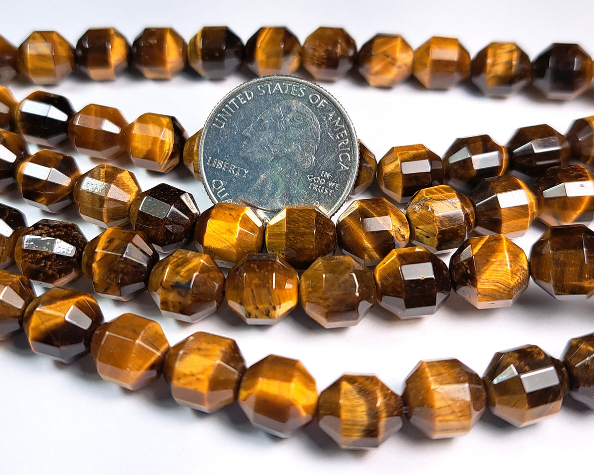 10mm Tiger's Eye Faceted Lantern Gemstone Beads 8-Inch Strand