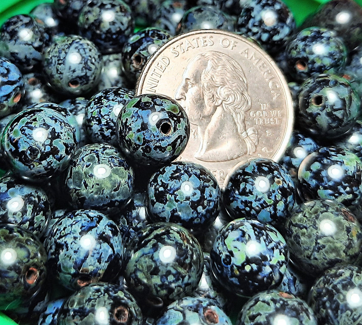 10mm Round Jet Marble Picasso Czech Glass Beads 15ct