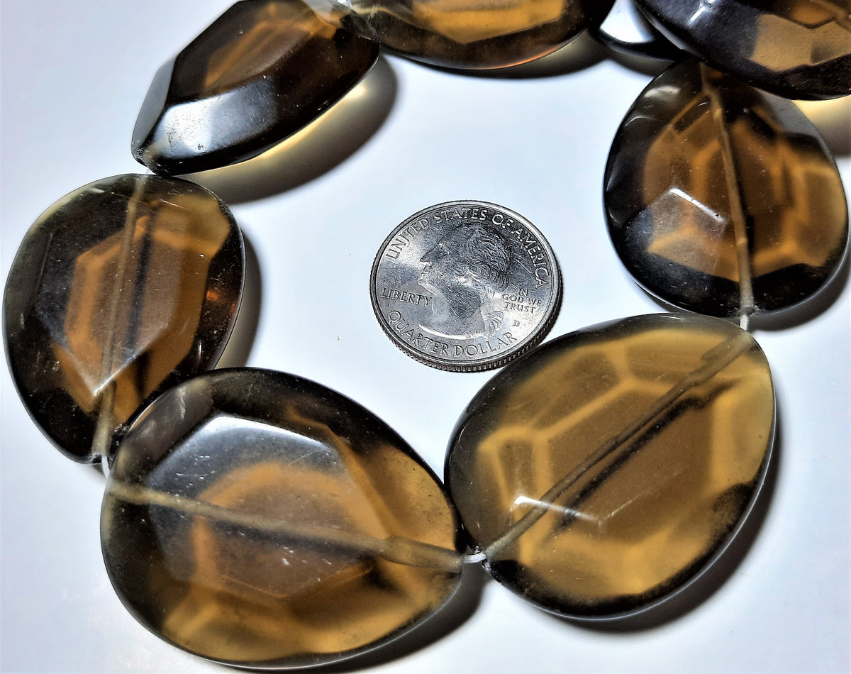 40x30mm Smoky Quartz Czech Glass Faceted Teardrop Bead