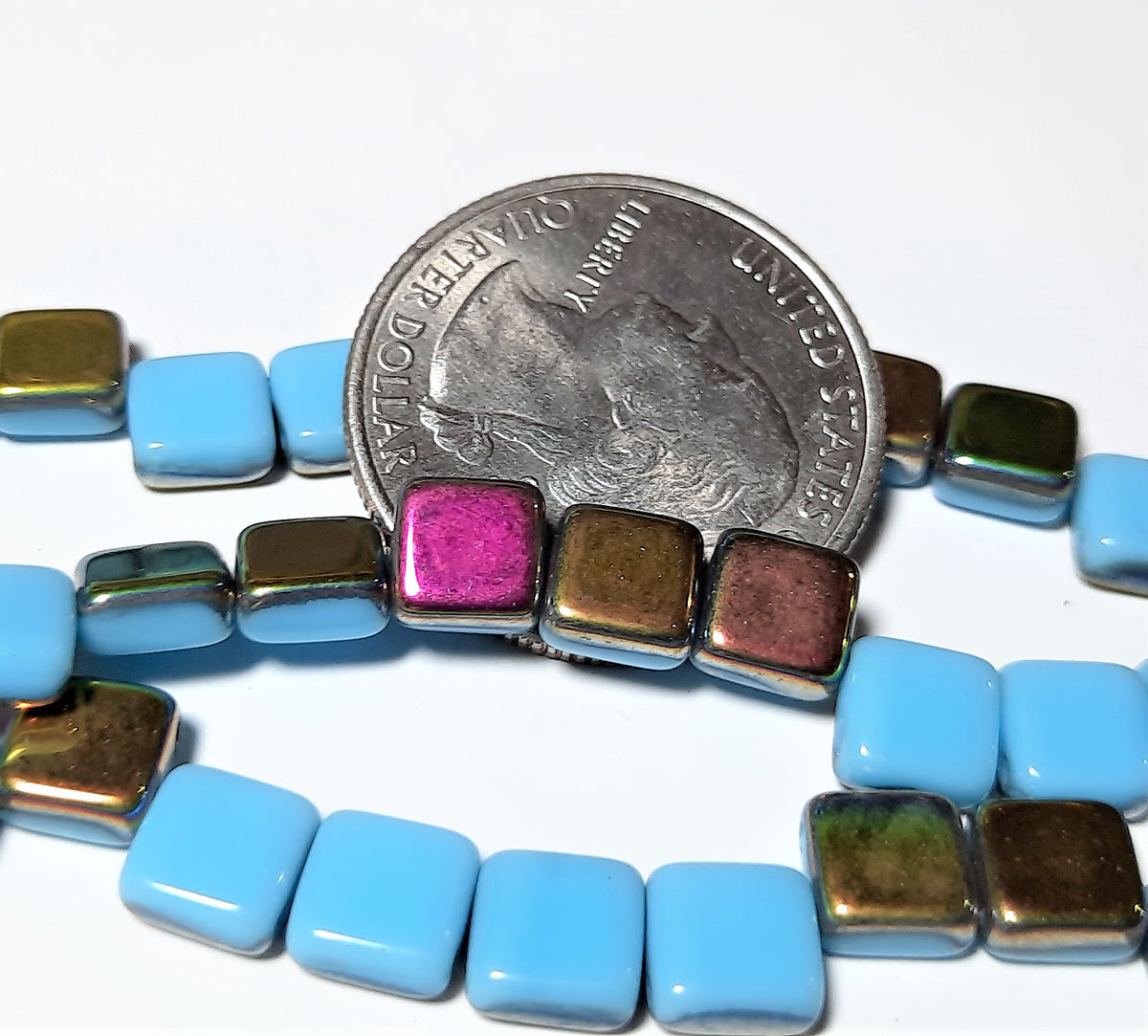 6mm Blue Turquoise Vitrail 2-Hole Czech Glass Tile 7-Inch Strand