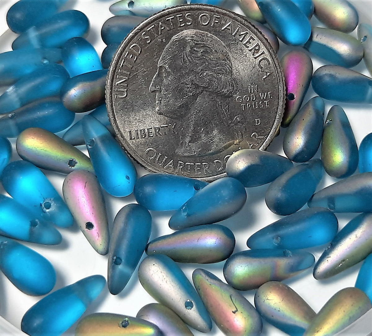5x12mm Frosted Aqua Vitrail Light Side Drill Glass Tear Drops Beads 30ct