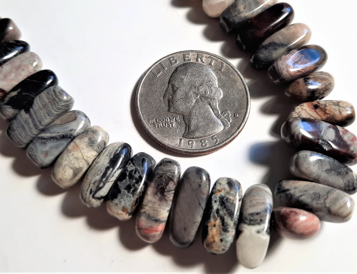 Black Silver Leaf Jasper 5x15 Center Drill Flat Chip Dakota Stones 20ct