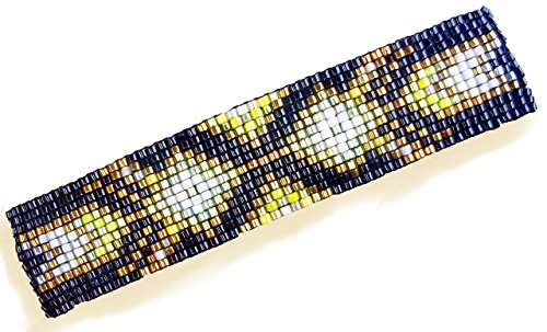 Yellow and Bronze Tribal Geometric Arrows on Black Handmade Loom Beaded Large Barrette
