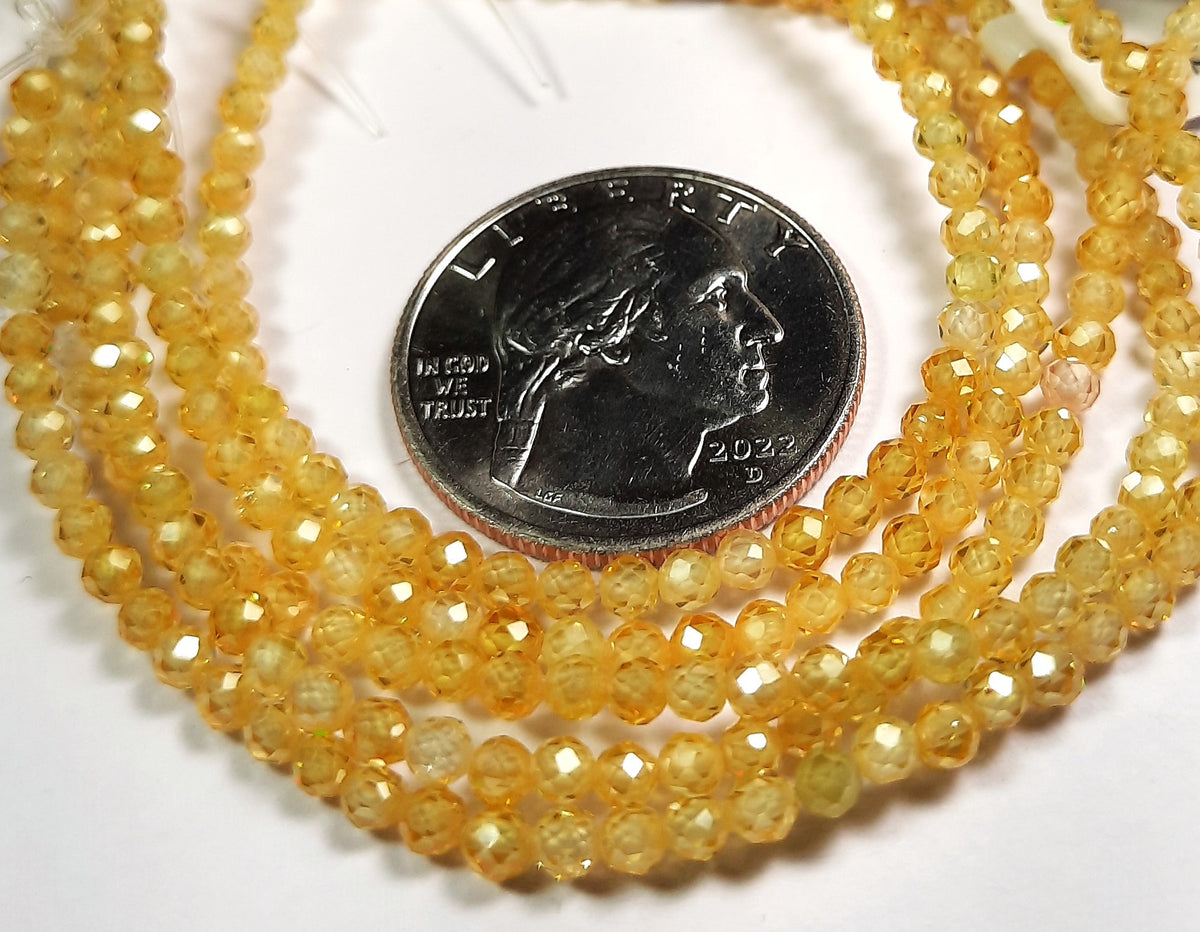 3mm Cubic Zirconia Gold Gemstone Faceted Round Beads 8-Inch Strand