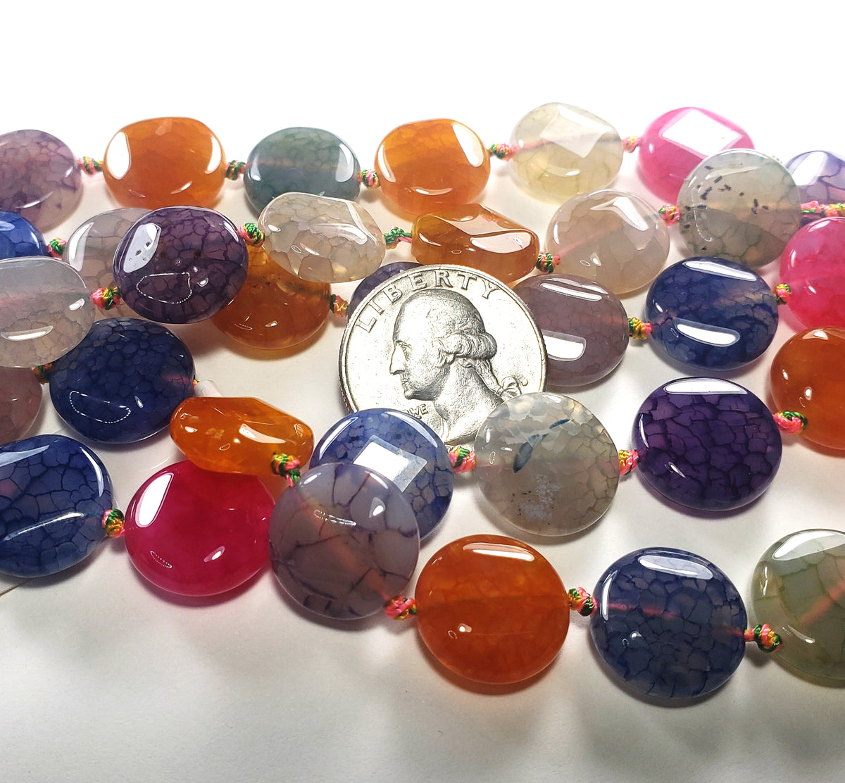 12mm Dyed Rainbow Agate Puffed Coin Gemstone Beads 8-Inch Strand