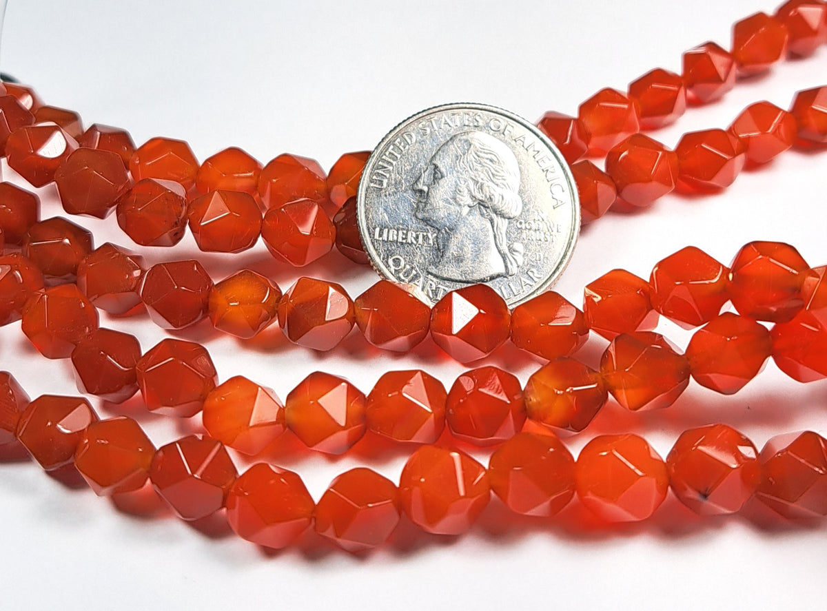 8mm Carnelian Faceted Star Cut Gemstone Beads 8-Inch Strand