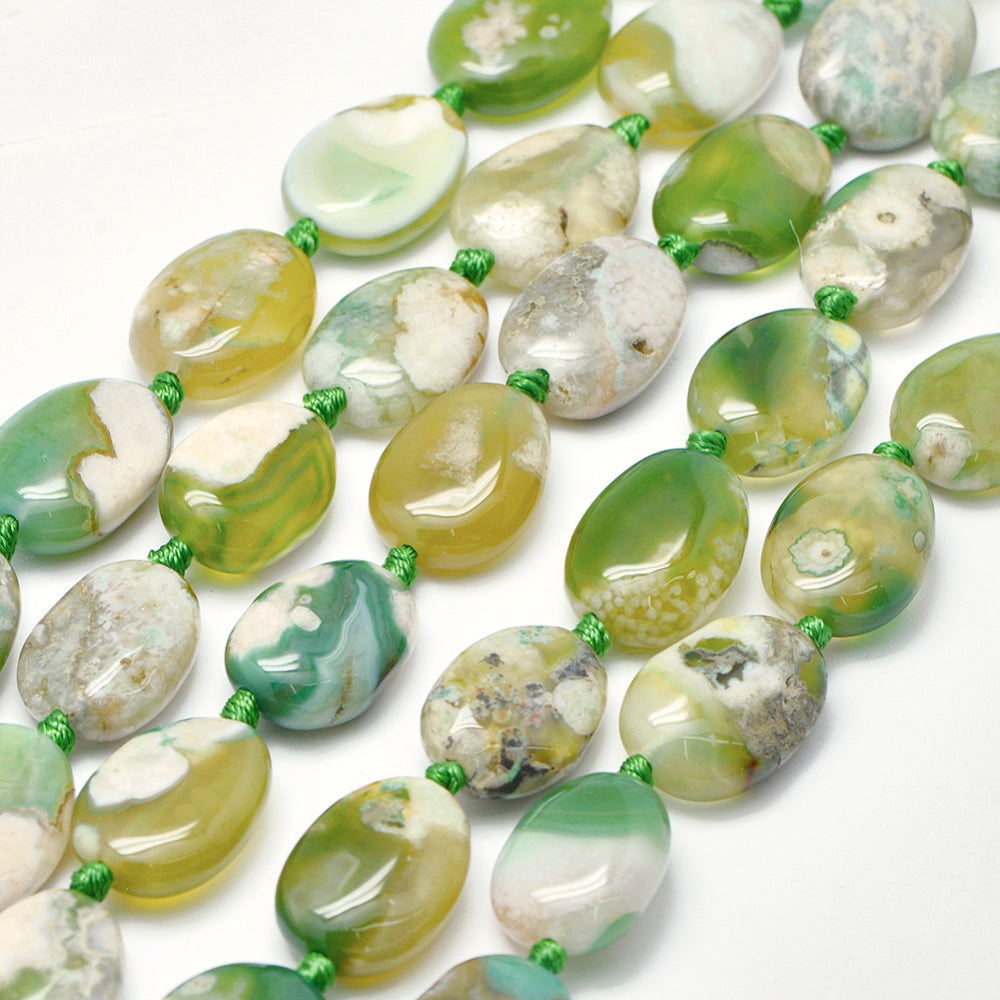 22x17mm Dyed Yellow-Green Oval Cherry Blossom Agate Beads 3ct
