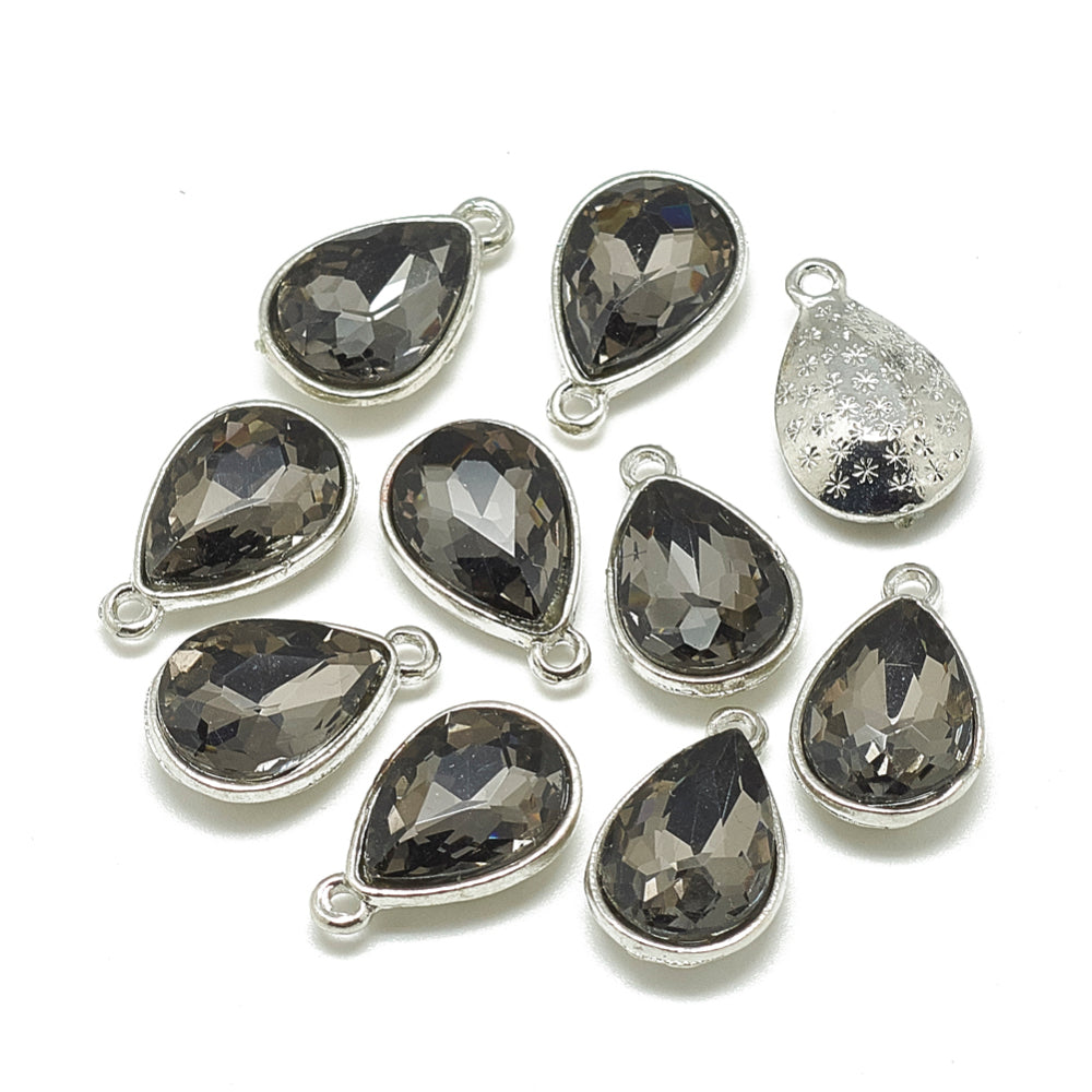 19x12mm Gray Faceted Teardrop Glass Rhinestone Charm in Platinum Tone