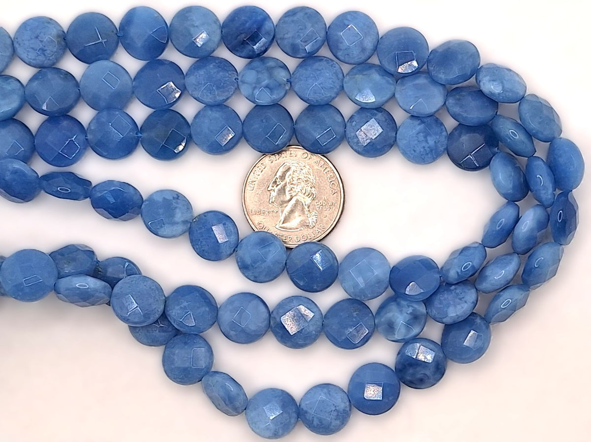 12mm Denim Blue Dyed Quartz Faceted Coin Gemstone Beads 16-inch Strand