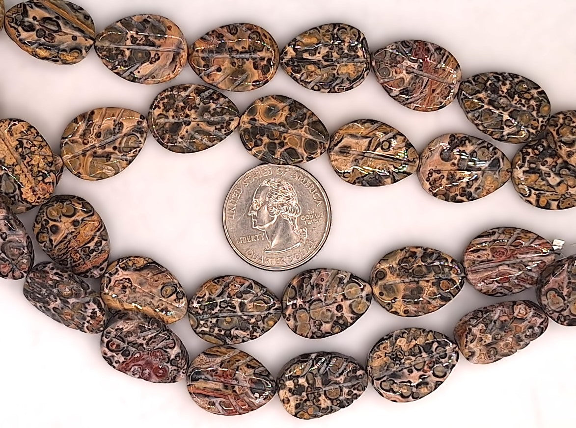 20x15mm Leopard Jasper Carved Leaf Gemstone Beads 8-Inch Strand